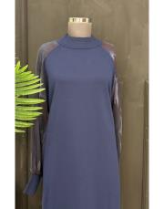 ipek qupra kol detay soğuk iplik elbise lacivert 2