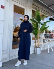 ipek qupra kol detay soğuk iplik elbise lacivert 3