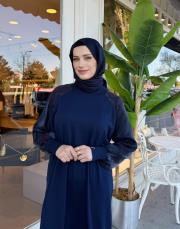 ipek qupra kol detay soğuk iplik elbise lacivert 4