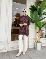 yanı fermuarlı ipek qupra tunik kahve