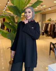 broşlu soğuk iplik qupra tunik siyah