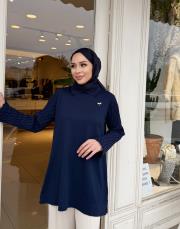 broşlu soğuk iplik qupra tunik lacivert