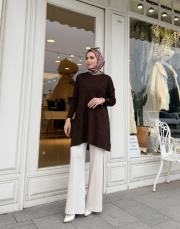 kol detay triko tunik kahve