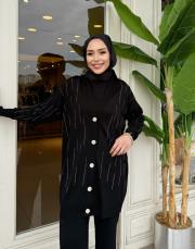 taşlı triko hırka siyah