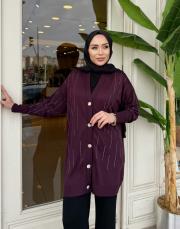 taşlı triko hırka mürdüm