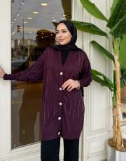 taşlı triko hırka mürdüm 3