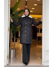 peluş yaka şişme mont siyah