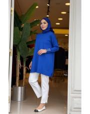 eteği çizgili düğmeli triko tunik saks