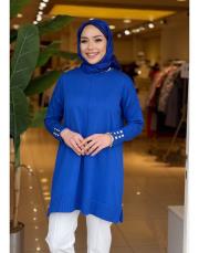 eteği çizgili düğmeli triko tunik saks 3