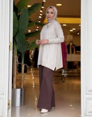 eteği çizgili düğmeli triko tunik taş