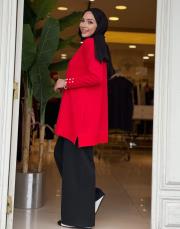 eteği çizgili düğmeli triko tunik kırmızı