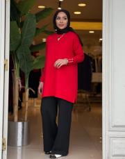 eteği çizgili düğmeli triko tunik kırmızı 3