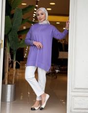 eteği çizgili düğmeli triko tunik mor