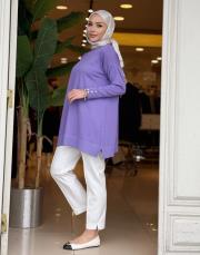 eteği çizgili düğmeli triko tunik mor 2