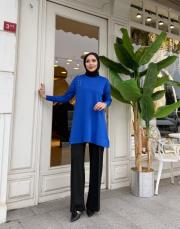 sıralı taşlı triko tunik saks