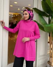 sıralı taşlı triko tunik fuşya