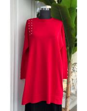 sıralı taşlı triko tunik kırmızı