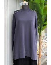 omuzu zımbalı triko tunik gri