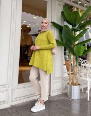 önü kısa desenli triko tunik yağ yeşili