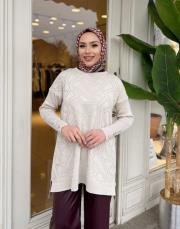 önü kısa desenli triko tunik bej 2