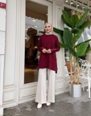 önü kısa desenli triko tunik bordo 3