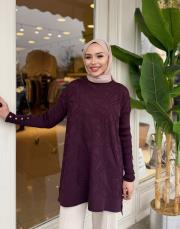 önü kısa desenli triko tunik patlıcan moru