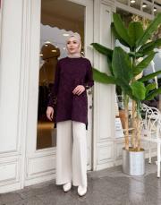 önü kısa desenli triko tunik patlıcan moru 2