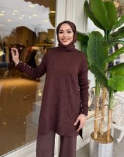 önü kısa desenli triko tunik kahve 2