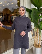 önü kısa desenli triko tunik antrasit