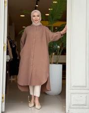 lunaria baskı detay uzun gömlek sütlü kahve