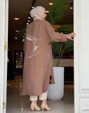 lunaria baskı detay uzun gömlek sütlü kahve 2