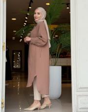 lunaria baskı detay uzun gömlek sütlü kahve 3