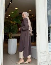 lunaria baskı detay uzun gömlek kahve 2