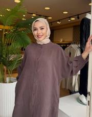 lunaria baskı detay uzun gömlek kahve 4