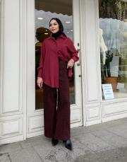 desenli bol paça pantolon bordo