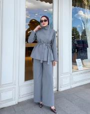 dik yaka ceketli takım gri