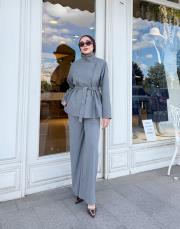 dik yaka ceketli takım gri 2