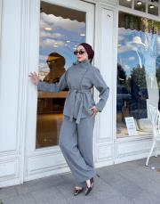 dik yaka ceketli takım gri 3