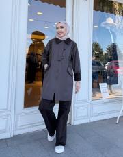 ekose detay kadife yaka trenç kahve