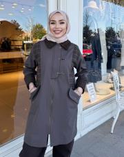 ekose detay kadife yaka trenç kahve 2