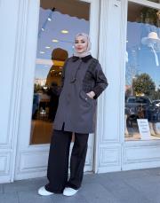 ekose detay kadife yaka trenç kahve 3