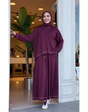 dikiş detaylı etekli takım bordo 3