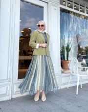 şifon asimetrik kesim etek yeşil