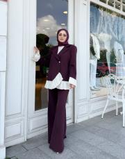 garnilili plise pantalonlu takım mürdüm