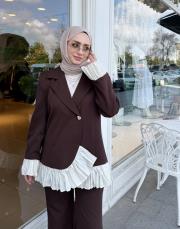 garnilili plise pantalonlu takım kahve 3