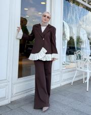 garnilili plise pantalonlu takım kahve 4