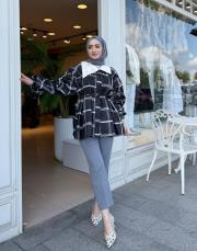 taşlı ceket yaka ekose gömlek siyah