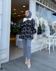 taşlı ceket yaka ekose gömlek siyah 3