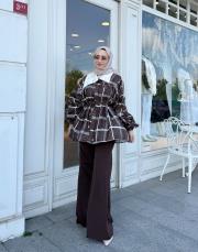 taşlı ceket yaka ekose gömlek kahve