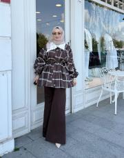 taşlı ceket yaka ekose gömlek kahve 4